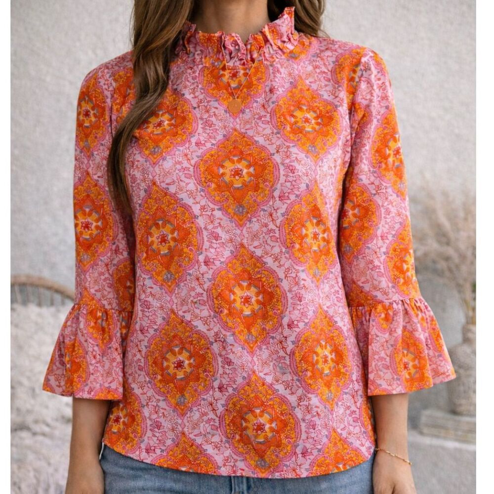 Elizabeth Wilson Boho Medallion Print Blouse Bell Sleeve Peasant Cotton L